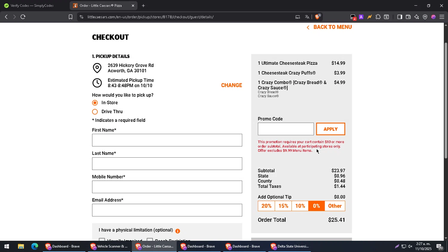 Little Caesars promo code screenshot showing code HANGTEN applied at Little Caesars checkout page. Uploaded by SimplyCodes community member SmartMaverick5327 on Oct 11, 2025