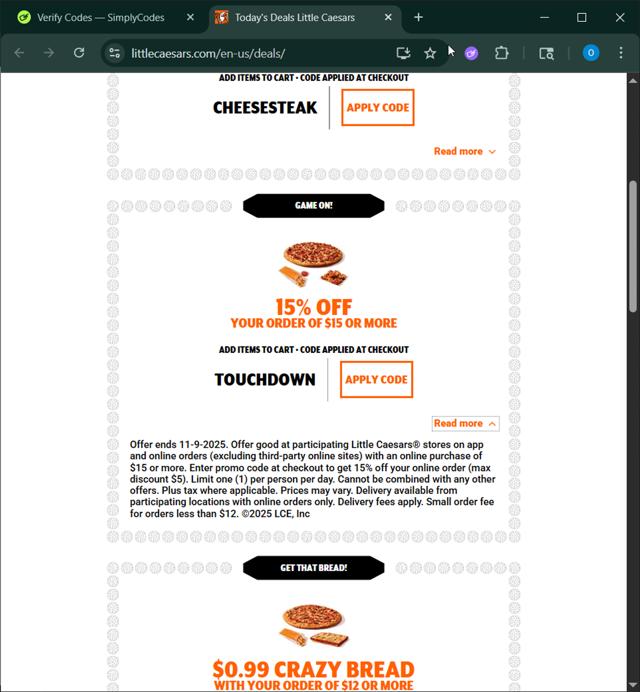 Little Caesars checkout page showing Little Caesars promo code box | Screenshot taken by SimplyCodes community member on Oct 5, 2025