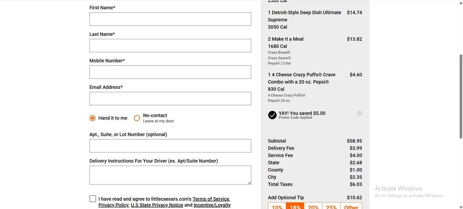 Little Caesars promo code screenshot showing code TOUCHDOWN applied at Little Caesars checkout page. Uploaded by SimplyCodes community member HoneyJean on Dec 24, 2025