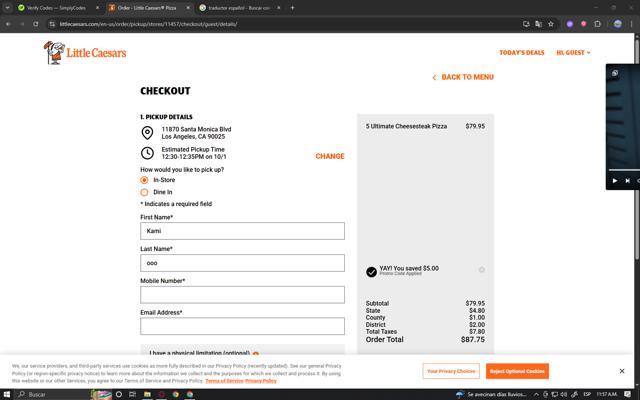 Little Caesars checkout page showing Little Caesars promo code box | Screenshot taken by SimplyCodes community member on Oct 1, 2025