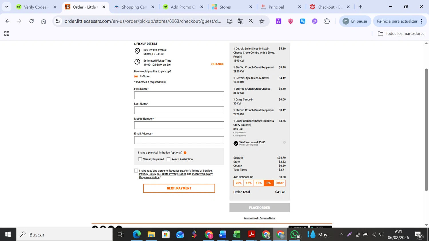 Little Caesars promo code screenshot showing code TOUCHDOWN applied at Little Caesars checkout page. Uploaded by SimplyCodes community member MANUELURBINA on Feb 6, 2026