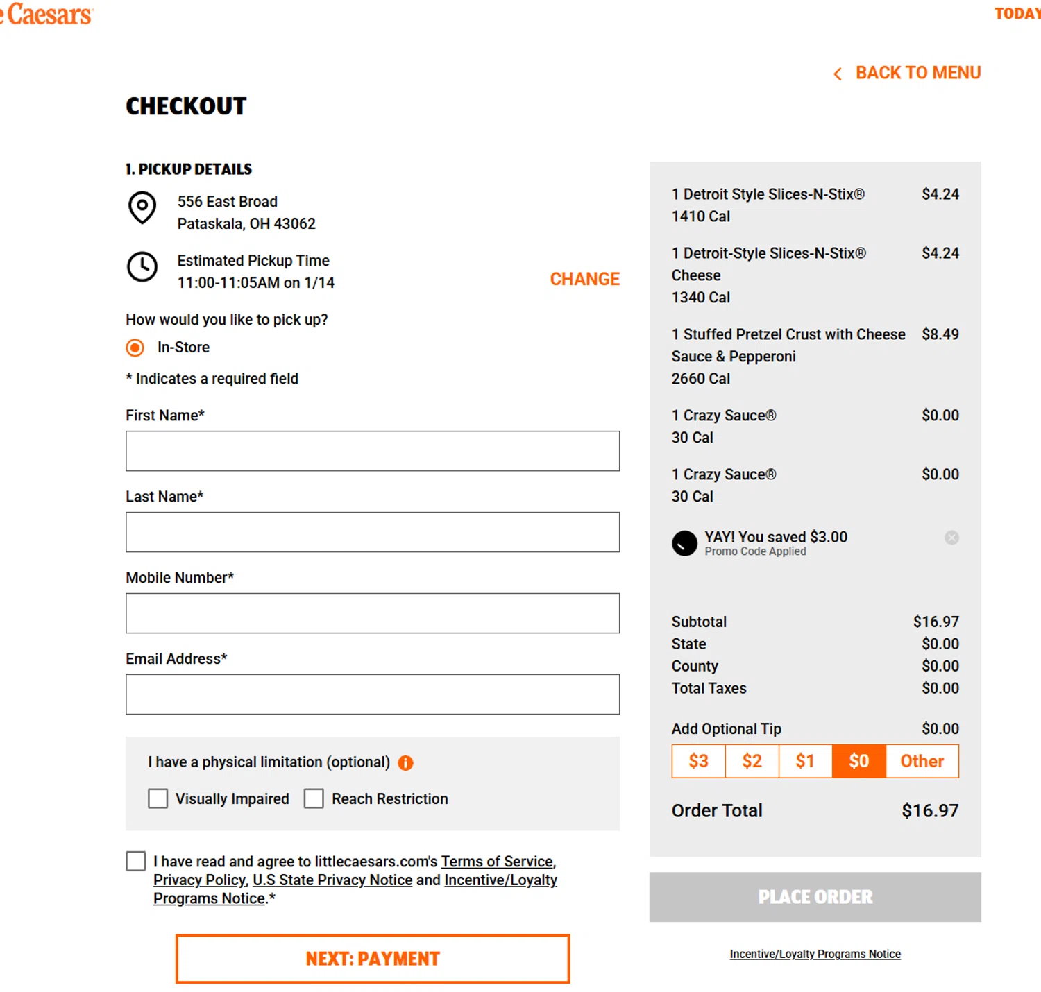 Little Caesars checkout page showing Little Caesars promo code box | Screenshot taken by SimplyCodes community member on Jan 13, 2026
