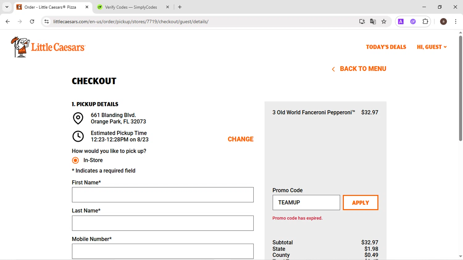 Little Caesars promo code screenshot showing code PIZZASAVER applied at Little Caesars checkout page. Uploaded by SimplyCodes community member CodeMaverick246 on Aug 23, 2025