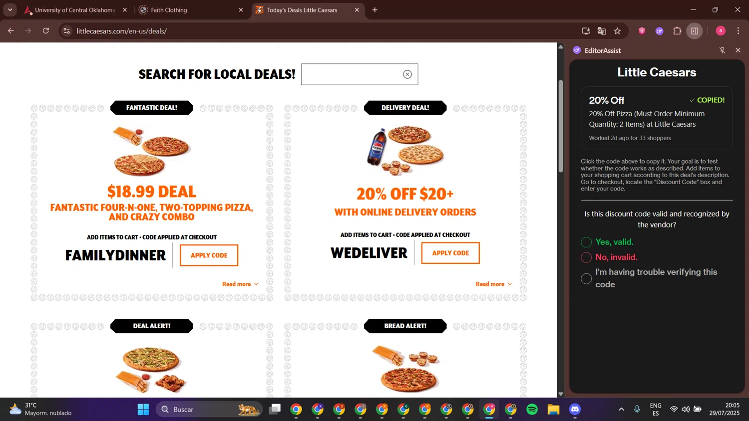 Little Caesars promo code screenshot showing code PIZZASAVER applied at Little Caesars checkout page. Uploaded by SimplyCodes community member alejandrobermudez on Jul 30, 2025