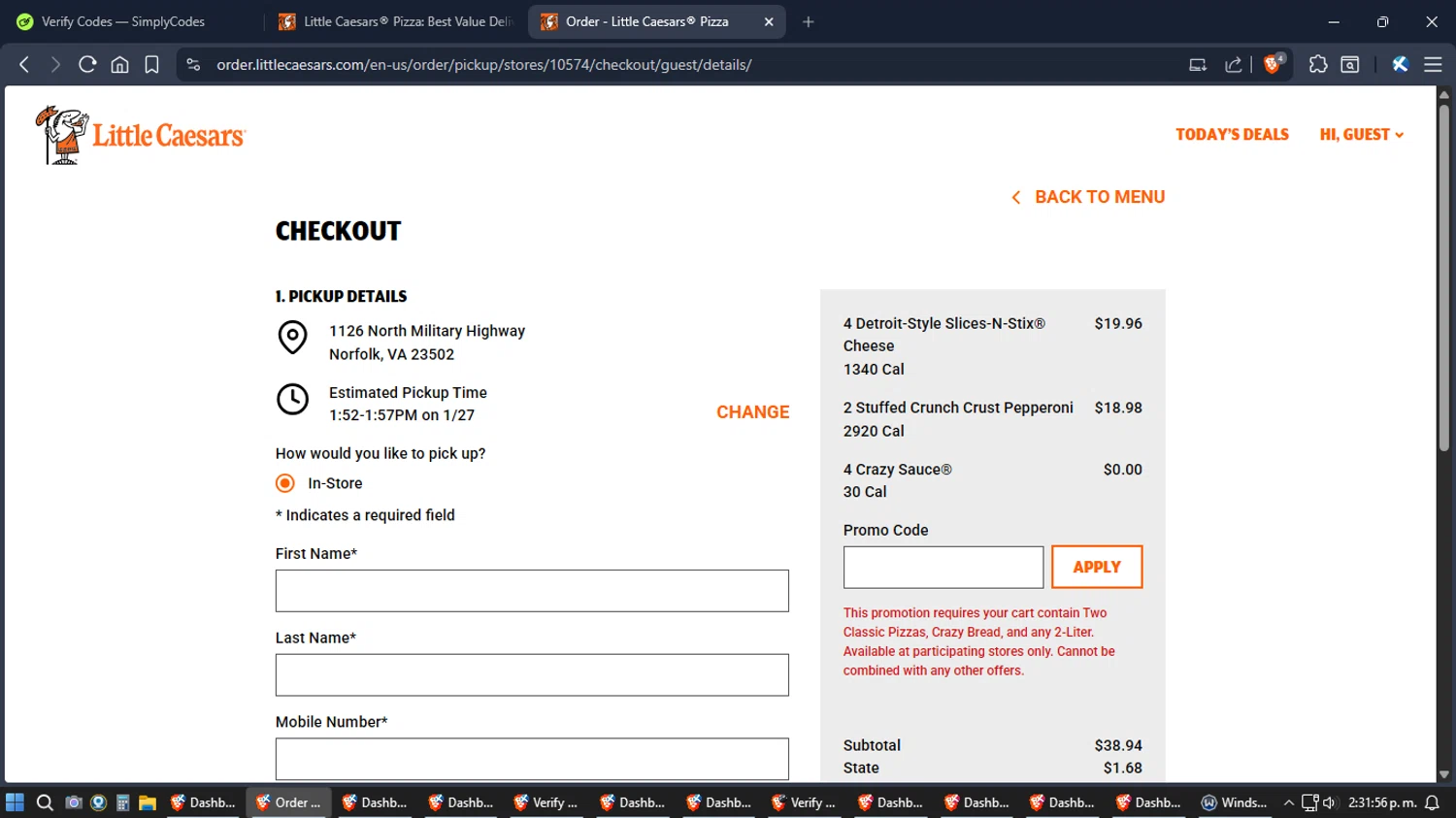 Little Caesars checkout page showing Little Caesars promo code box | Screenshot taken by SimplyCodes community member on Jan 27, 2026