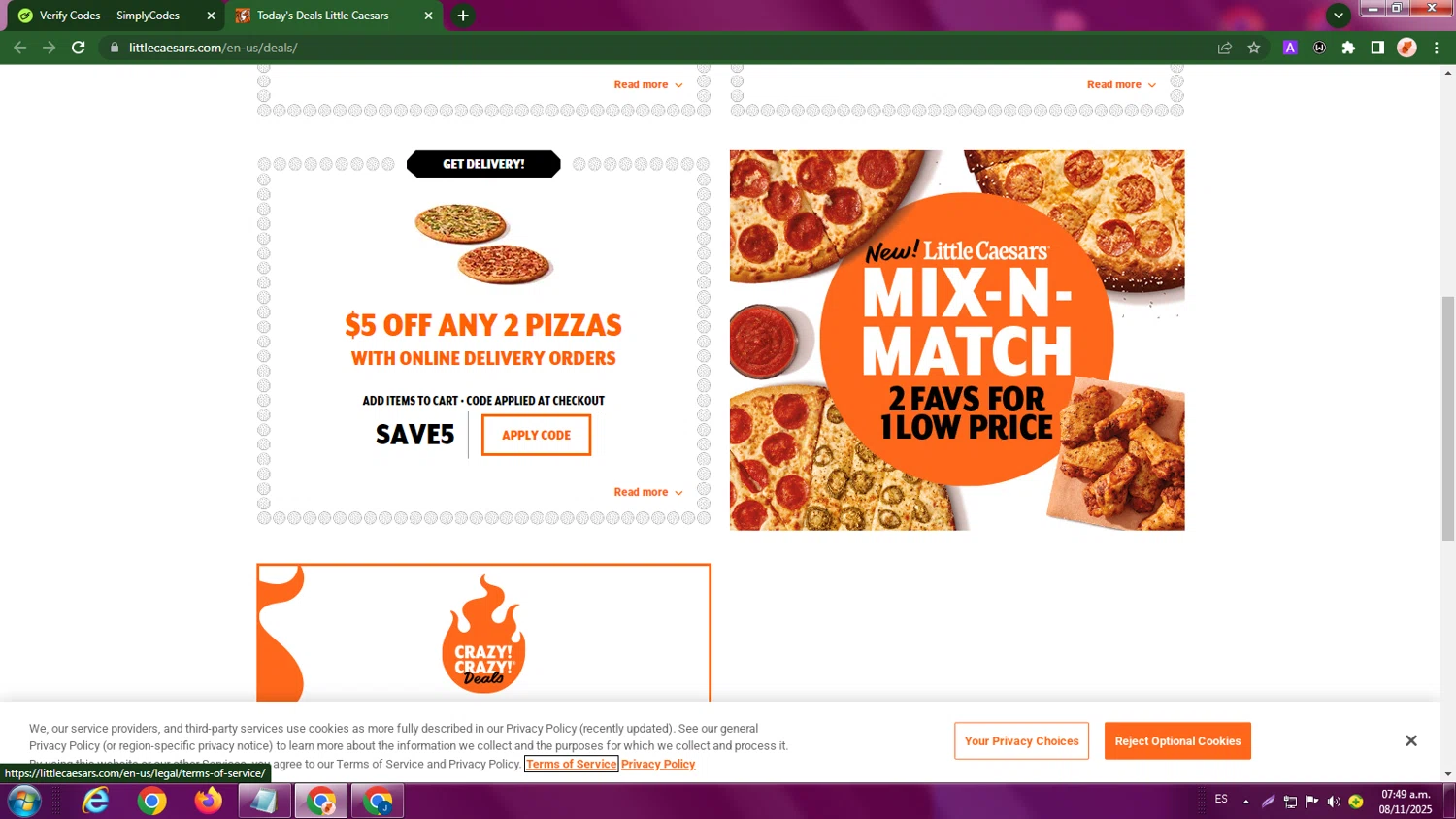 Little Caesars promo code screenshot showing code SAVE5 applied at Little Caesars checkout page. Uploaded by SimplyCodes community member LegendaryBoss7060 on Nov 8, 2025