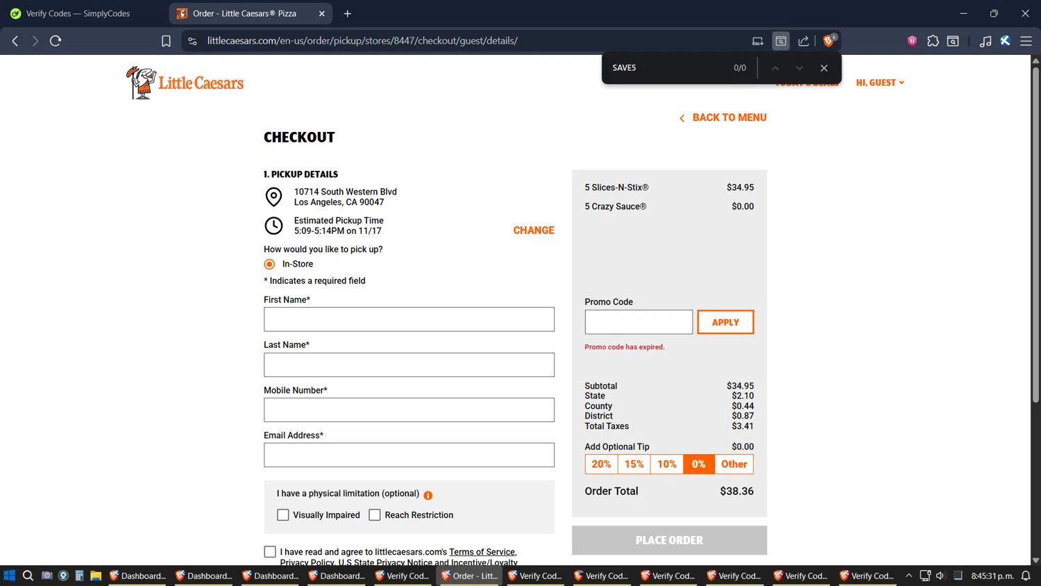 Little Caesars promo code screenshot showing code SAVE5 applied at Little Caesars checkout page. Uploaded by SimplyCodes community member TreasureExpert3303 on Nov 18, 2025