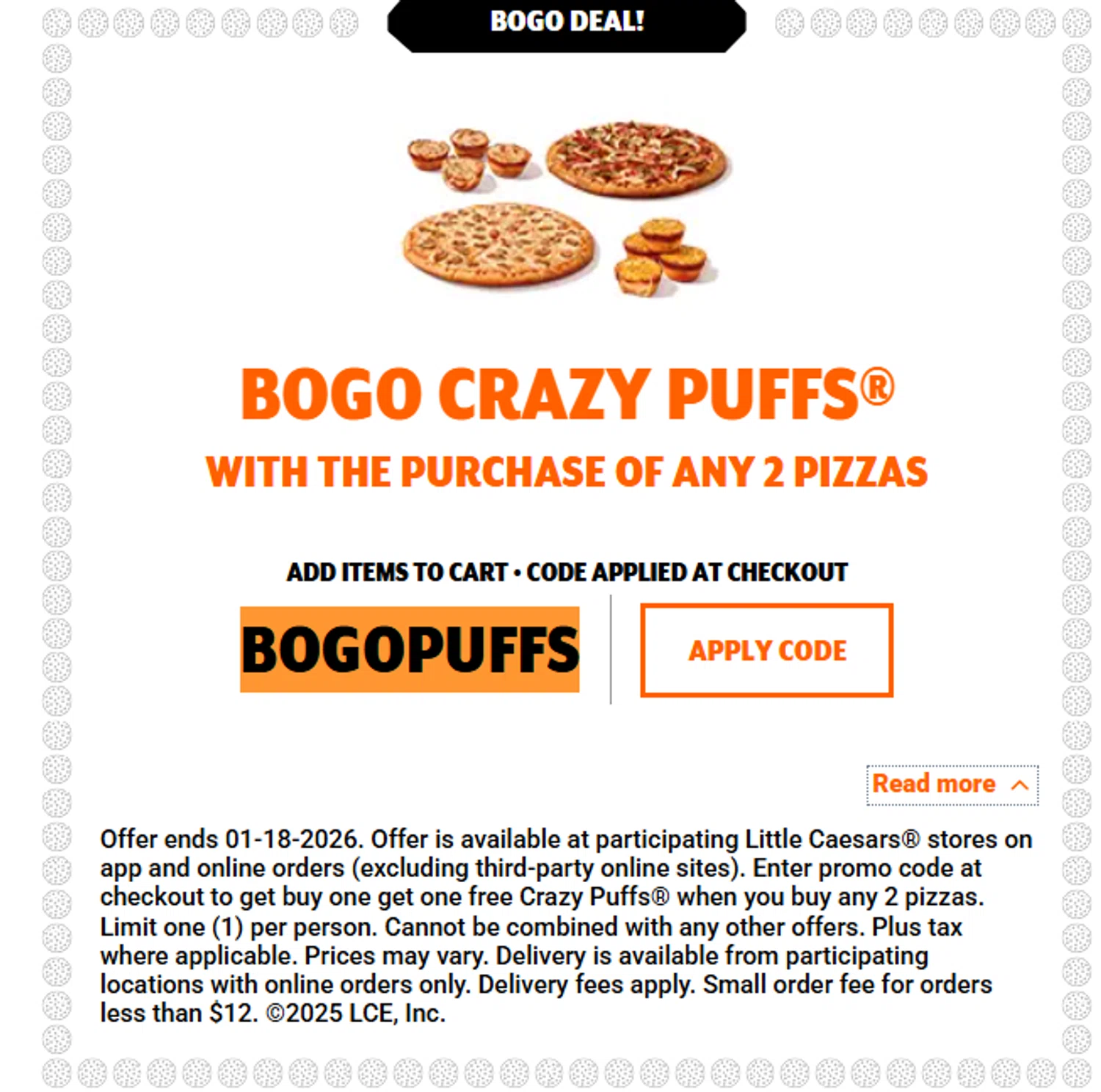 Little Caesars promo code screenshot showing code BOGOPUFFS applied at Little Caesars checkout page. Uploaded by SimplyCodes community member HoneyJean on Dec 24, 2025