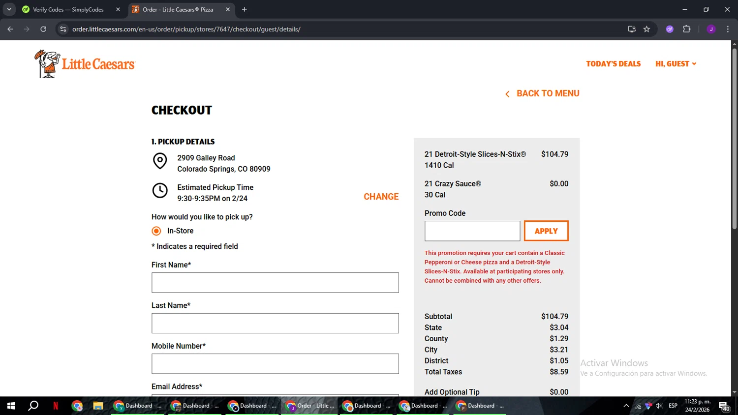 Little Caesars promo code screenshot showing code SAVEWITHSTIX applied at Little Caesars checkout page. Uploaded by SimplyCodes community member ComeBurra123 on Feb 25, 2026