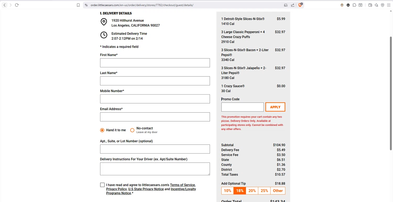 Little Caesars checkout page showing Little Caesars promo code box | Screenshot taken by SimplyCodes community member on Feb 14, 2026