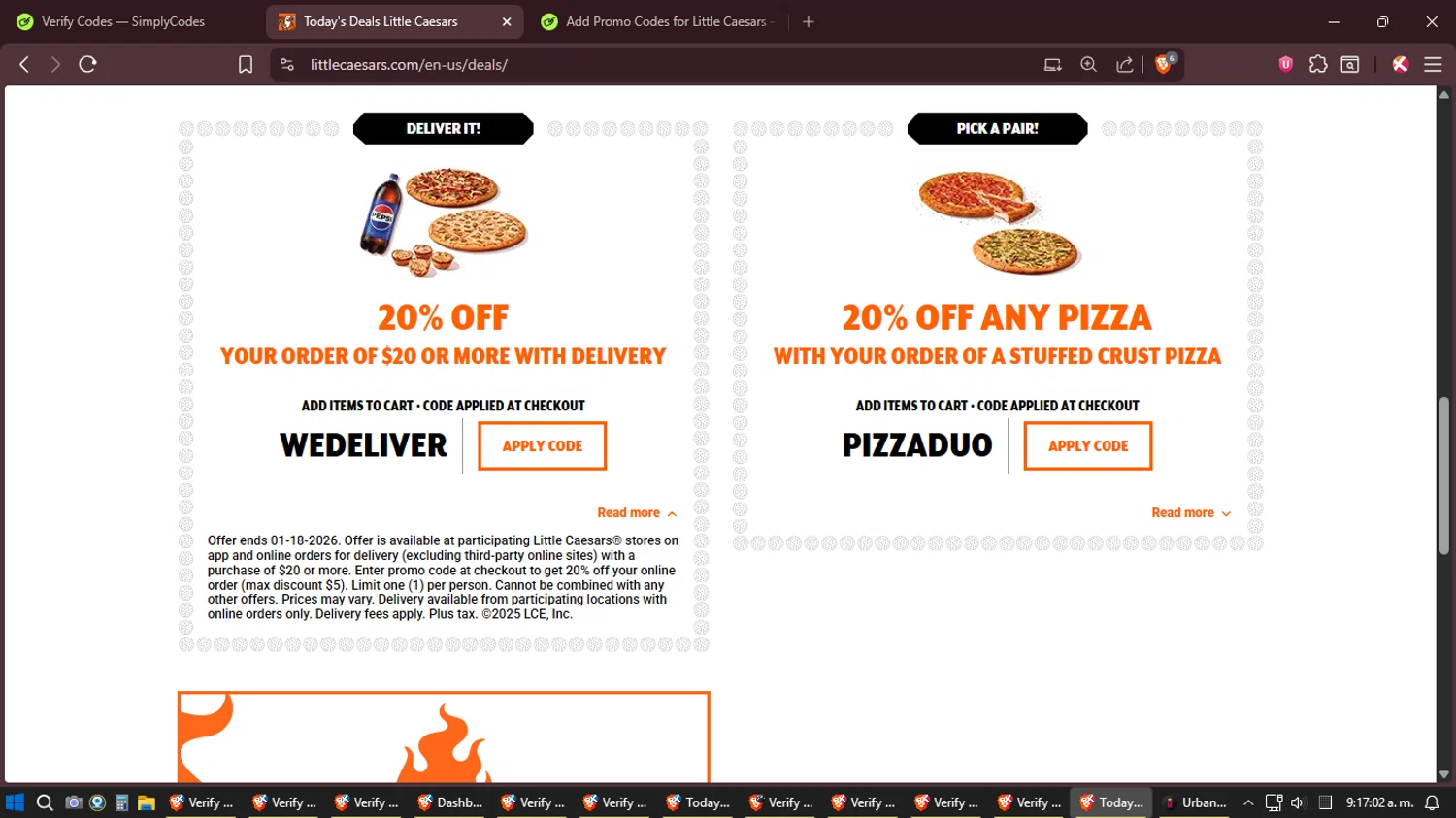 Little Caesars promo code screenshot showing code WEDELIVER applied at Little Caesars checkout page. Uploaded by SimplyCodes community member JhonatanGomez on Dec 26, 2025