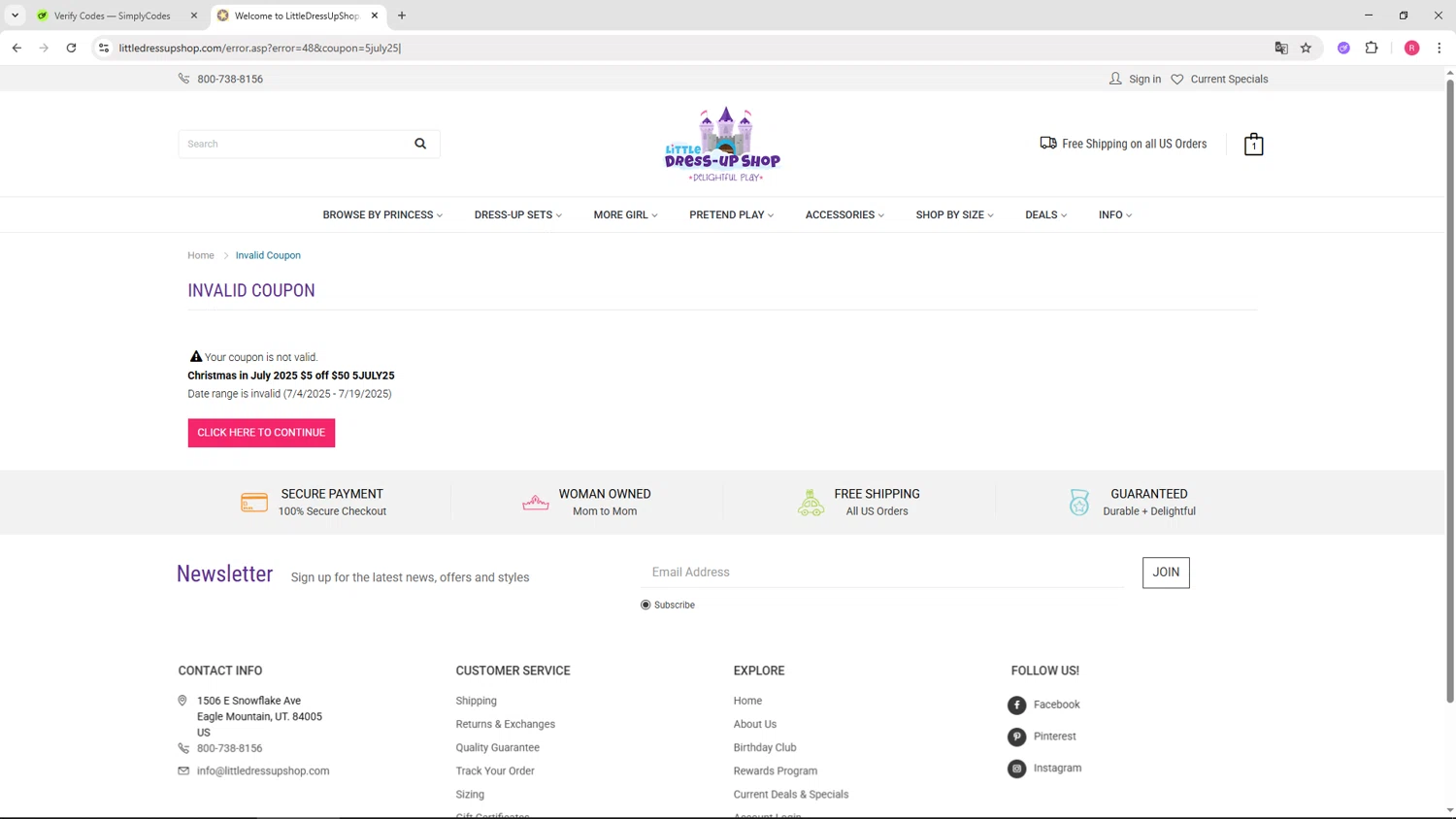 Little Dress Up Shop promo code screenshot showing code 5JULY25 applied at Little Dress Up Shop checkout page. Uploaded by SimplyCodes community member TTTT55 on Aug 4, 2025