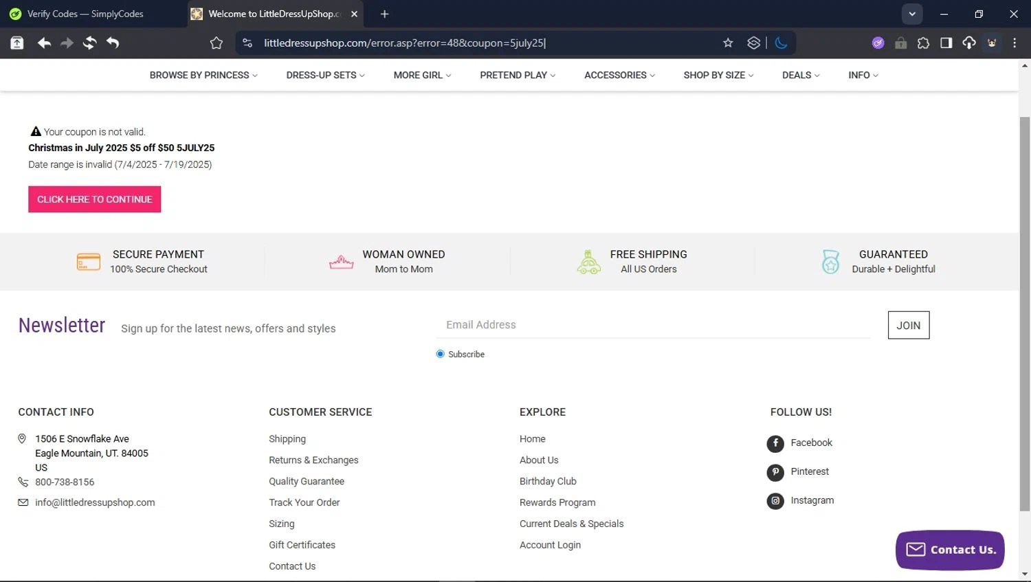 Little Dress Up Shop promo code screenshot showing code 5JULY25 applied at Little Dress Up Shop checkout page. Uploaded by SimplyCodes community member User_Randon1 on Aug 4, 2025