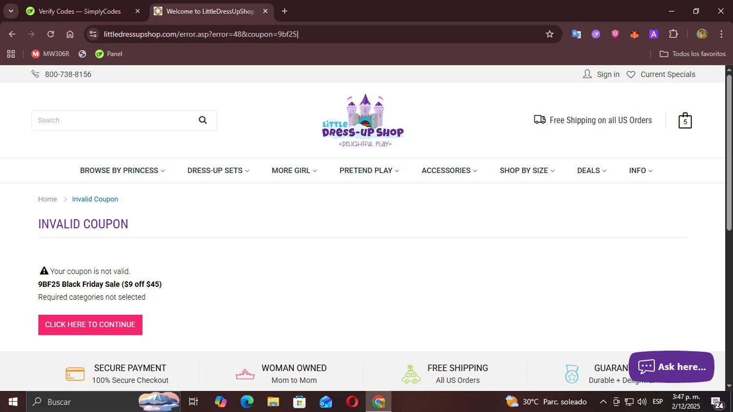 Little Dress Up Shop promo code screenshot showing code 9BF25 applied at Little Dress Up Shop checkout page. Uploaded by SimplyCodes community member Demogorgon on Dec 2, 2025