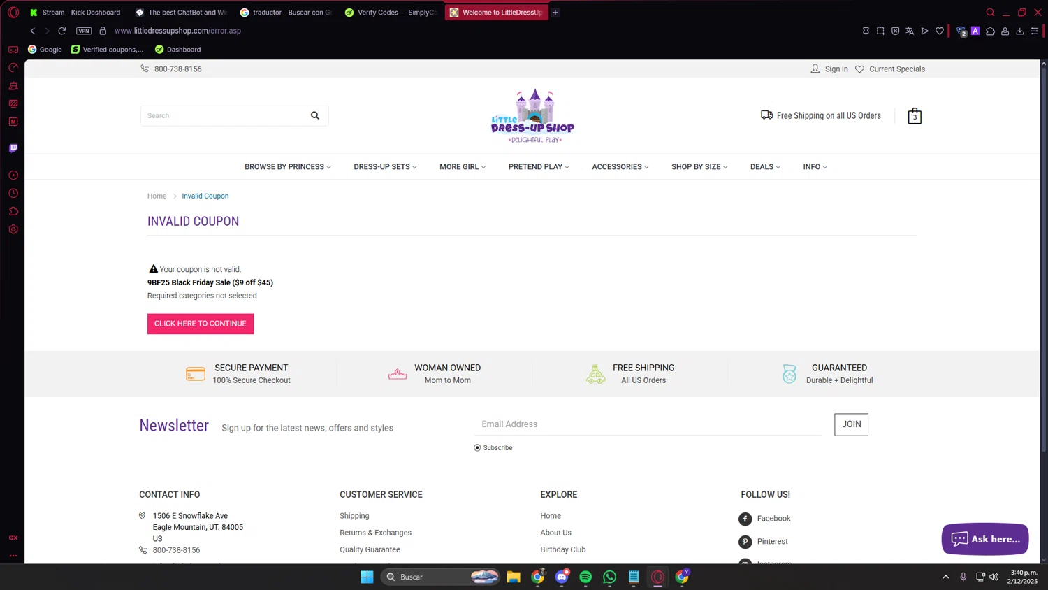 Little Dress Up Shop promo code screenshot showing code 9BF25 applied at Little Dress Up Shop checkout page. Uploaded by SimplyCodes community member PrimeVirtuoso9679 on Dec 2, 2025