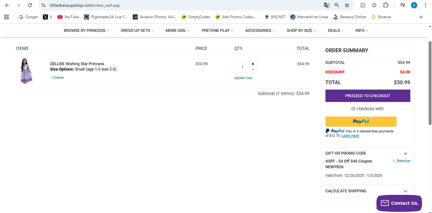 Little Dress Up Shop promo code screenshot showing code NEWYR26 applied at Little Dress Up Shop checkout page. Uploaded by SimplyCodes community member victor on Jan 1, 2026