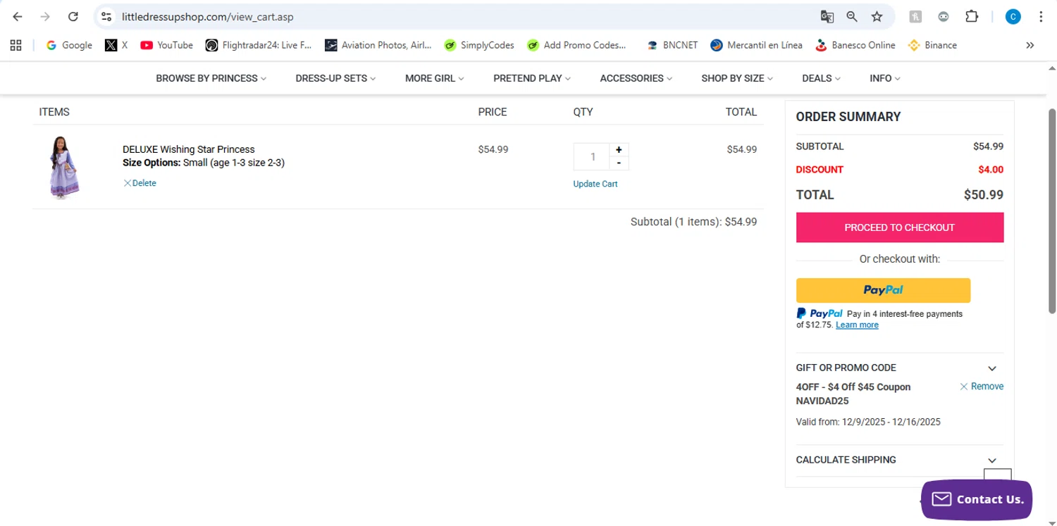 Little Dress Up Shop promo code screenshot showing code NAVIDAD25 applied at Little Dress Up Shop checkout page. Uploaded by SimplyCodes community member victor on Dec 11, 2025