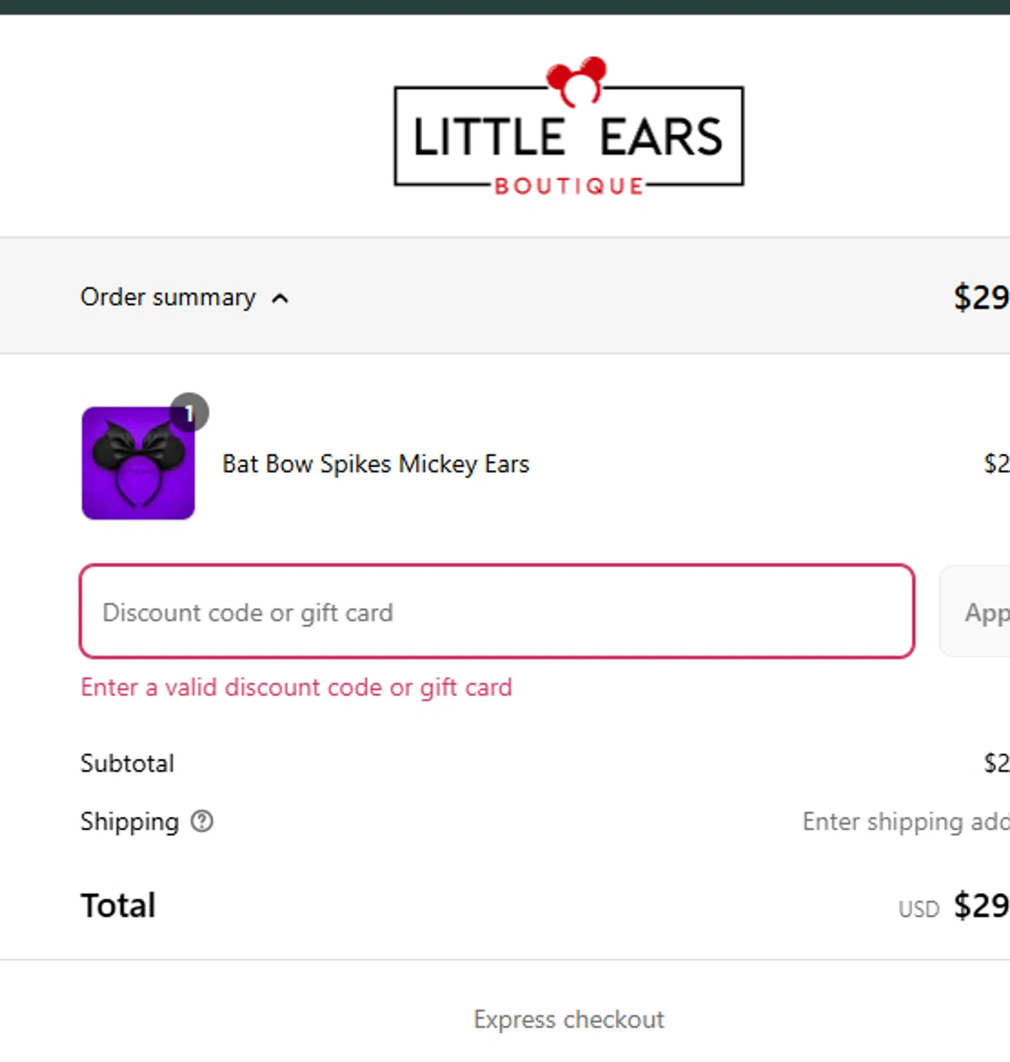 Little Ears Boutique discount code screenshot showing code FLASH10 applied at Little Ears Boutique checkout page. Uploaded by SimplyCodes community member Charly2607 on Aug 25, 2025