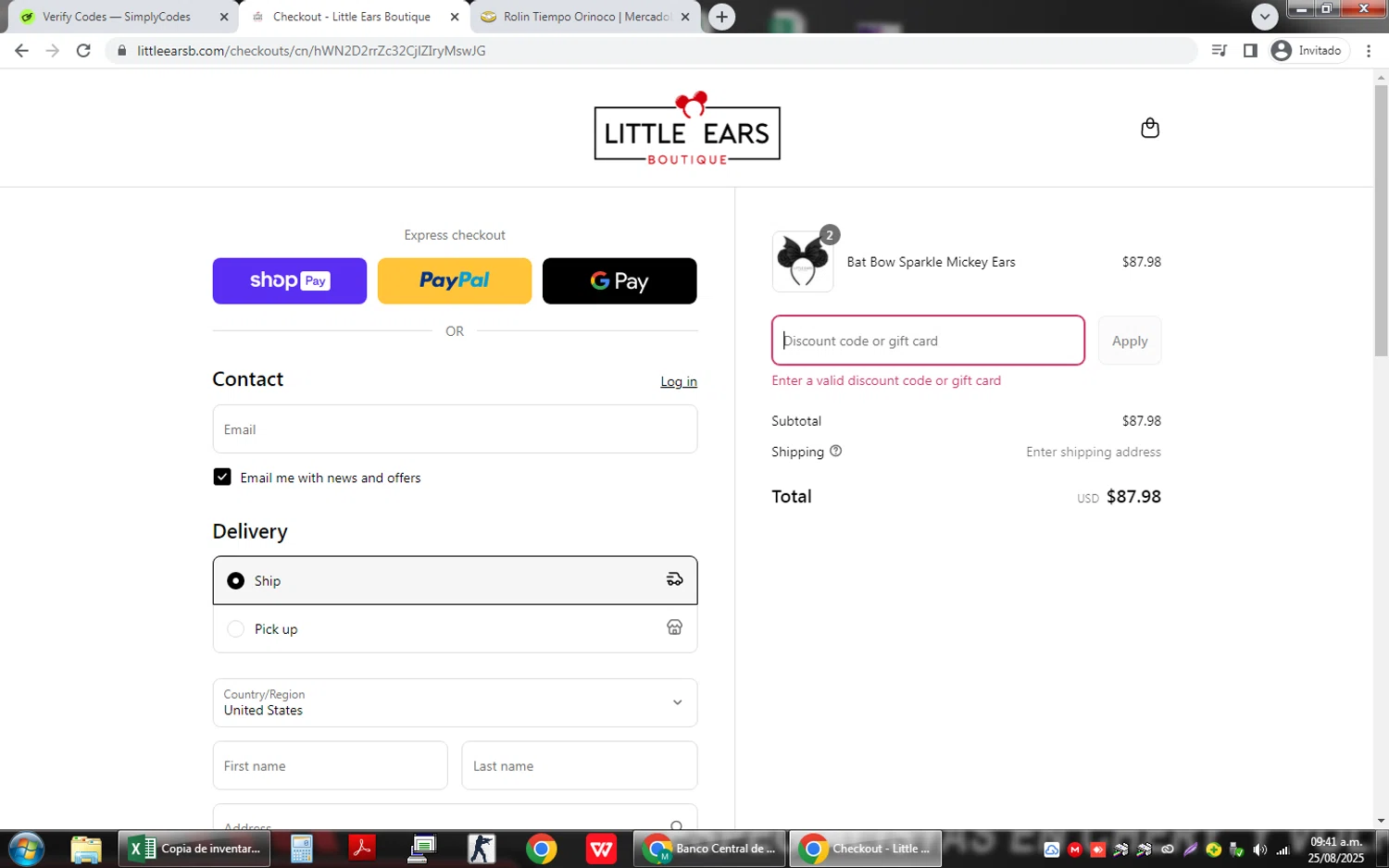 Little Ears Boutique discount code screenshot showing code FLASH10 applied at Little Ears Boutique checkout page. Uploaded by SimplyCodes community member ValiantTitan4231 on Aug 25, 2025