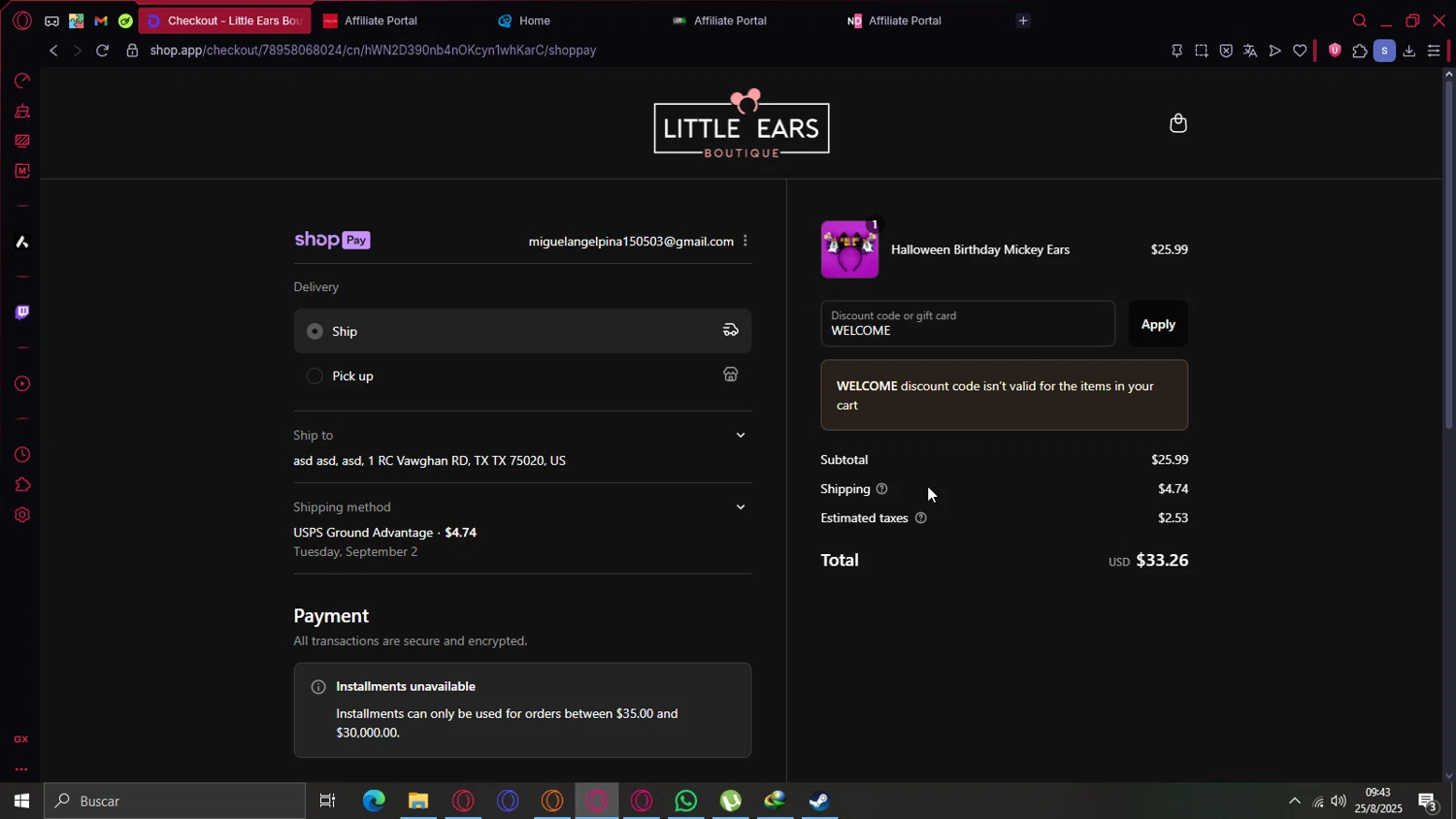 Little Ears Boutique discount code screenshot showing code WELCOME applied at Little Ears Boutique checkout page. Uploaded by SimplyCodes community member cajax_manda on Aug 25, 2025