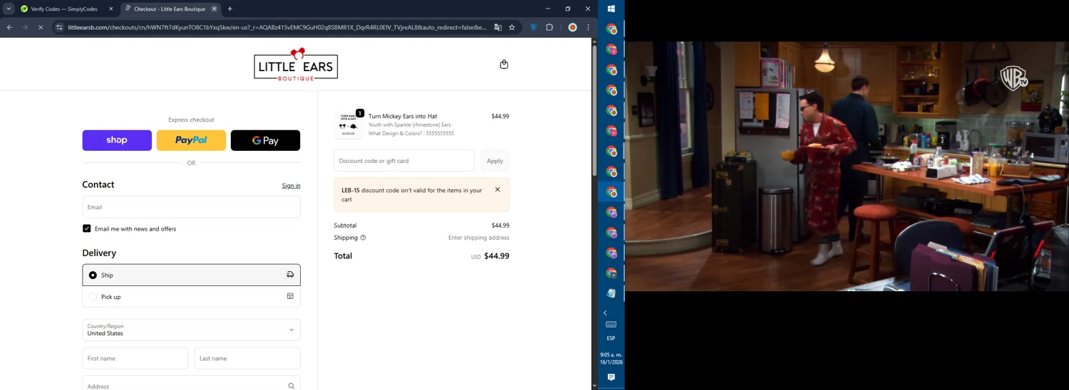 Little Ears Boutique checkout page showing Little Ears Boutique discount code box | Screenshot taken by SimplyCodes community member on Jan 16, 2026
