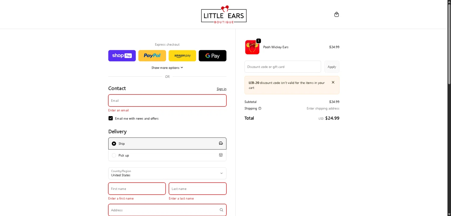 Little Ears Boutique checkout page showing Little Ears Boutique discount code box | Screenshot taken by SimplyCodes community member on Jan 7, 2026