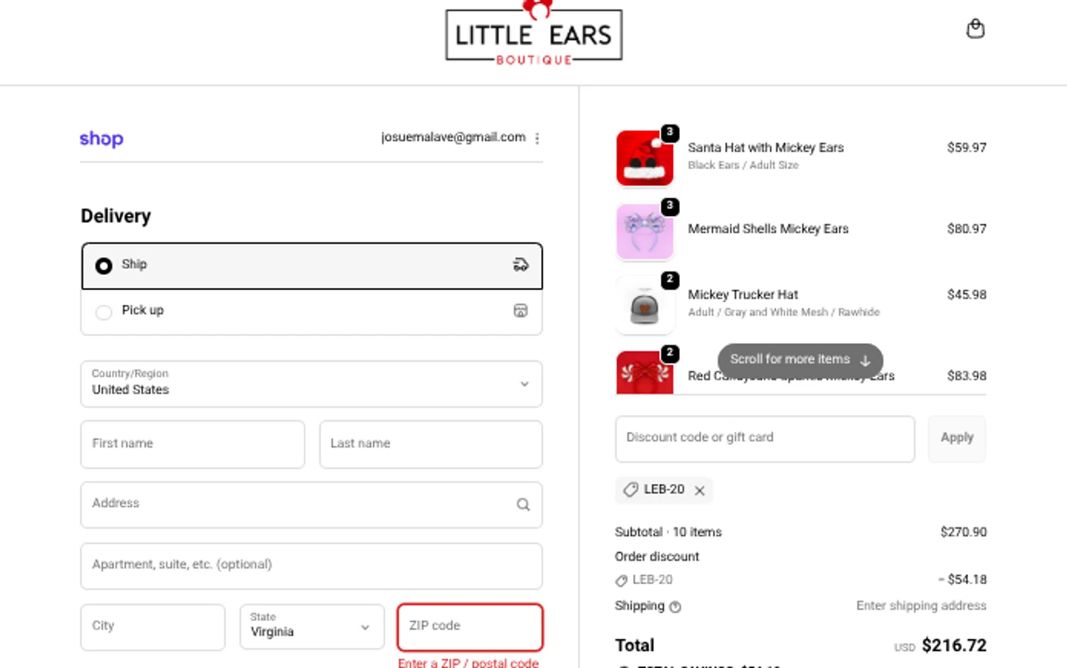 Little Ears Boutique discount code screenshot showing code LEB-20 applied at Little Ears Boutique checkout page. Uploaded by SimplyCodes community member Mosue17 on Nov 19, 2025