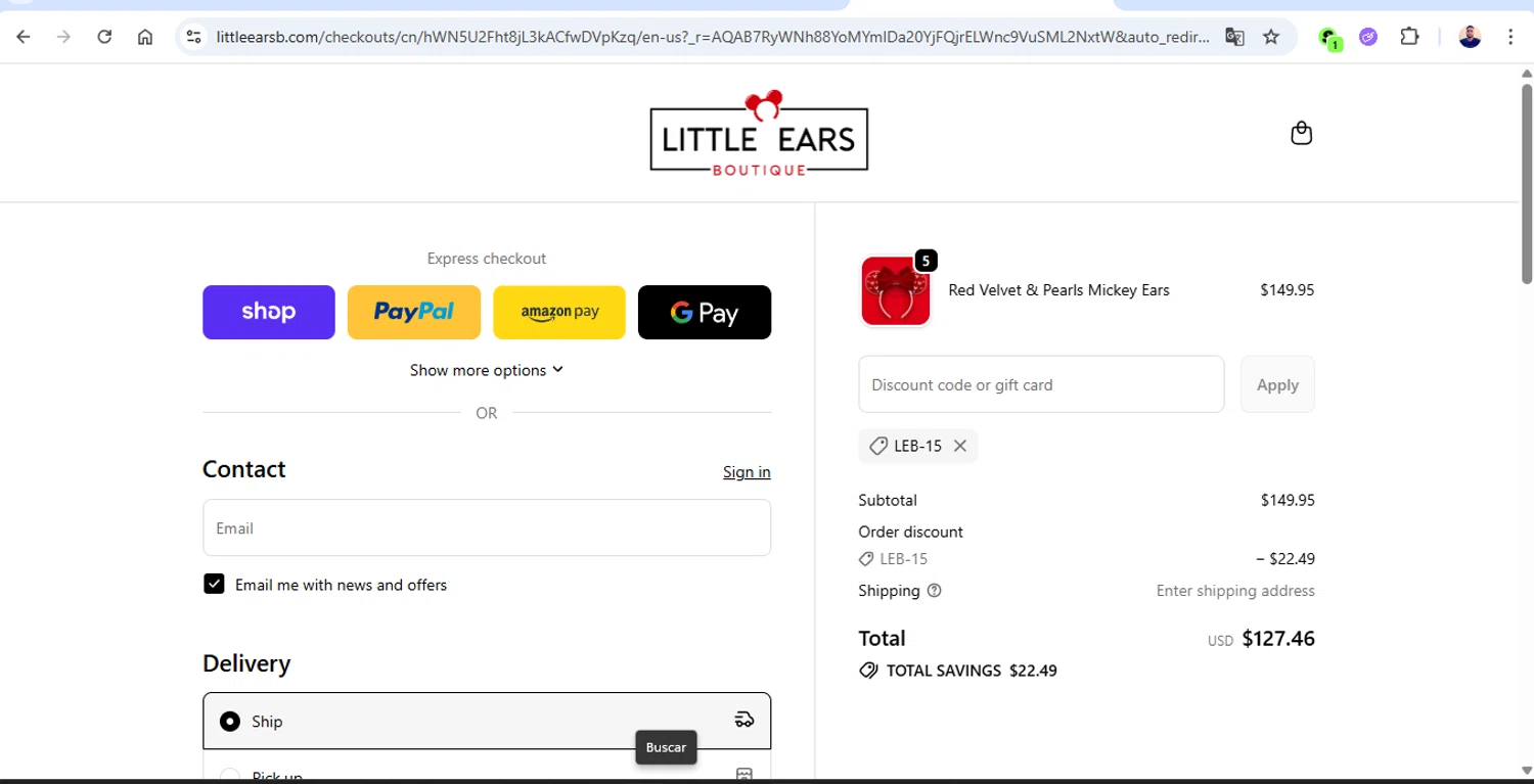 Little Ears Boutique discount code screenshot showing code LEB-15 applied at Little Ears Boutique checkout page. Uploaded by SimplyCodes community member joseg151520 on Nov 19, 2025