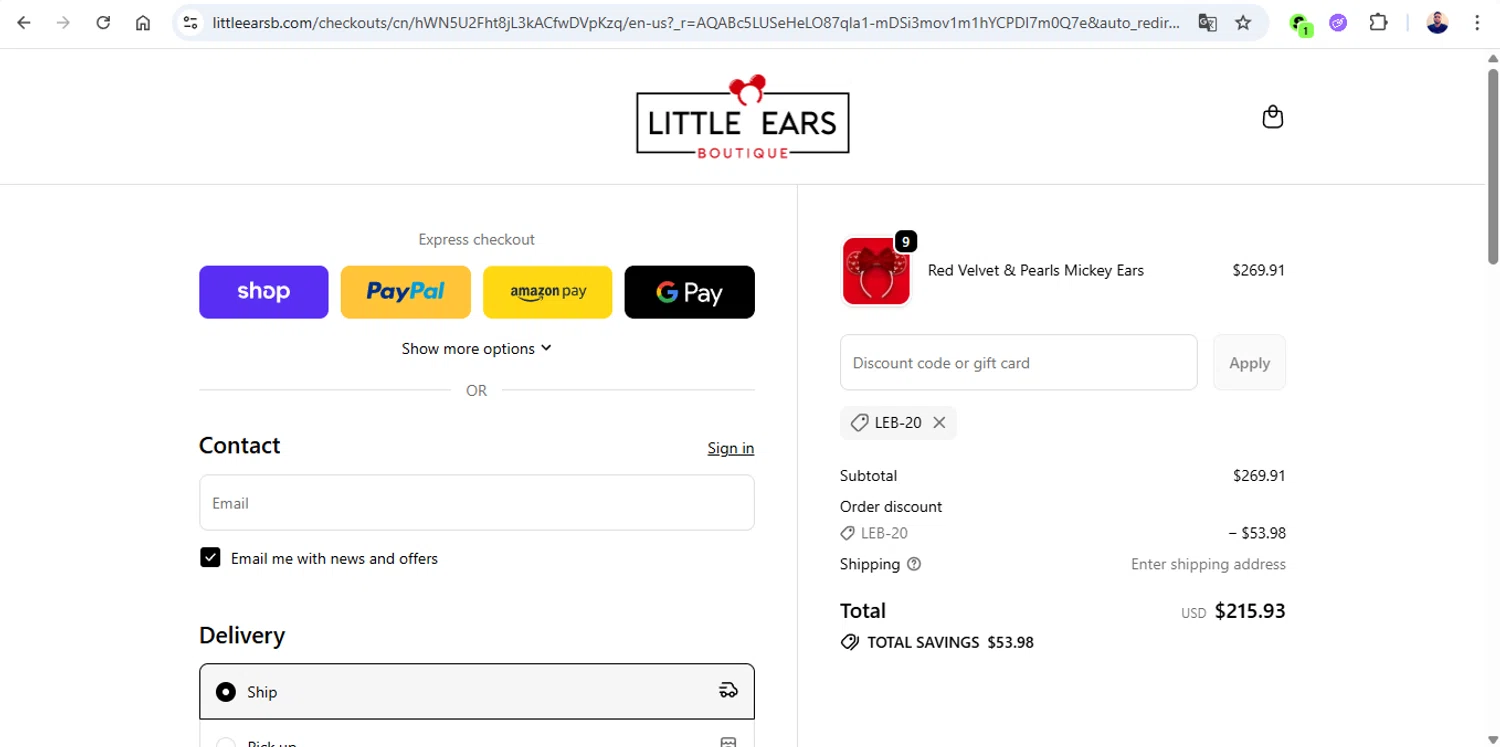 Little Ears Boutique discount code screenshot showing code LEB-20 applied at Little Ears Boutique checkout page. Uploaded by SimplyCodes community member joseg151520 on Nov 19, 2025