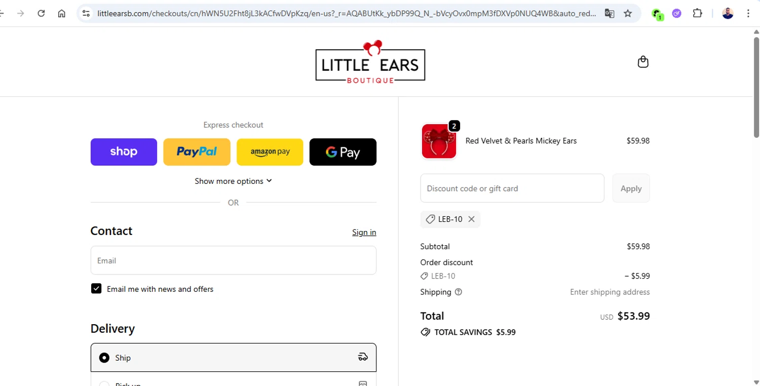 Little Ears Boutique discount code screenshot showing code LEB-10 applied at Little Ears Boutique checkout page. Uploaded by SimplyCodes community member joseg151520 on Nov 19, 2025