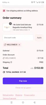 WELCOME35 coupon verification screenshot