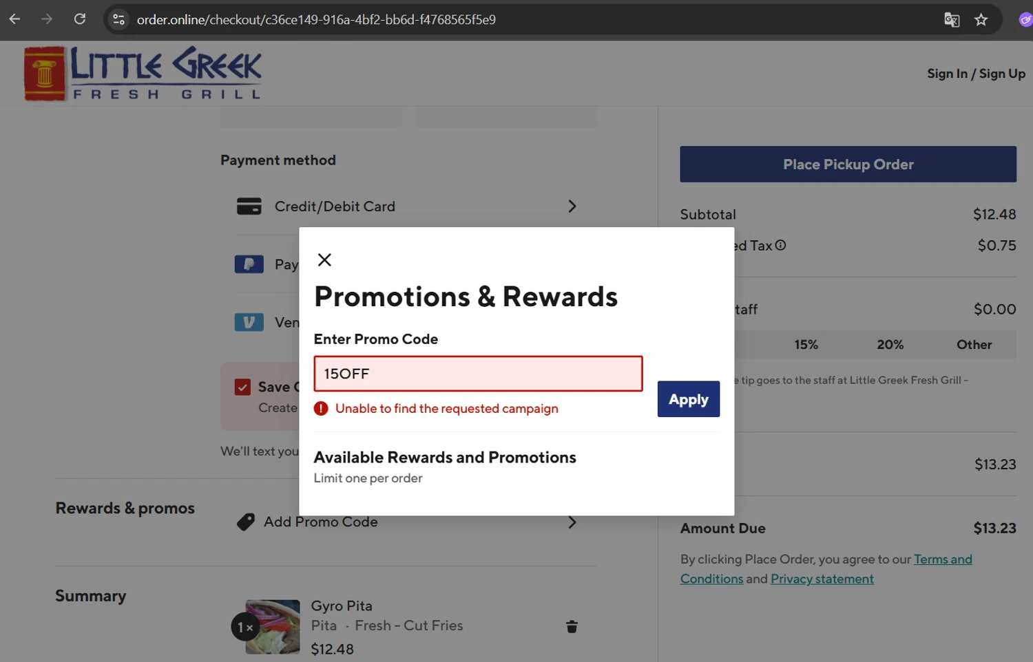 Little Greek Fresh Grill coupon code screenshot showing code 15OFF applied at Little Greek Fresh Grill checkout page. Uploaded by SimplyCodes community member ArizaJuan on May 17, 2025
