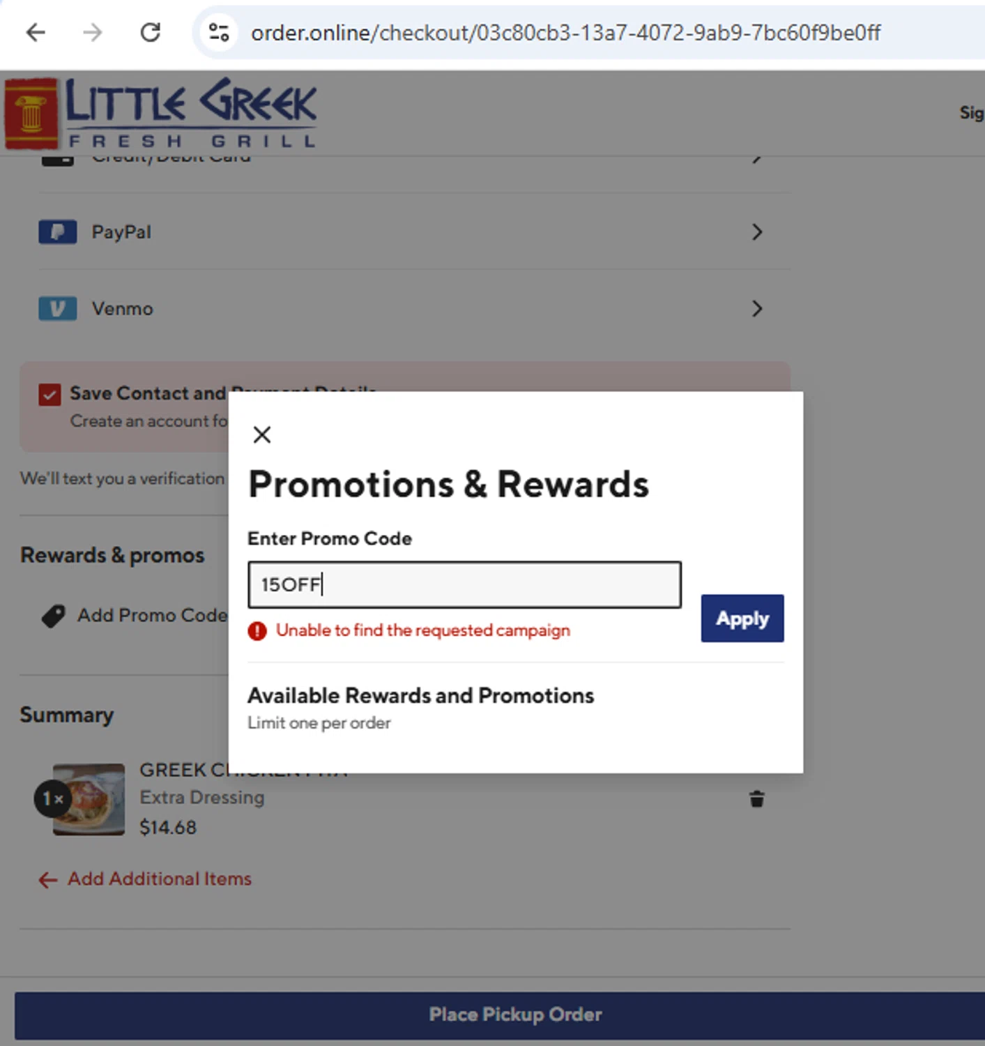 Little Greek Fresh Grill coupon code screenshot showing code 15OFF applied at Little Greek Fresh Grill checkout page. Uploaded by SimplyCodes community member Francisco01 on May 17, 2025