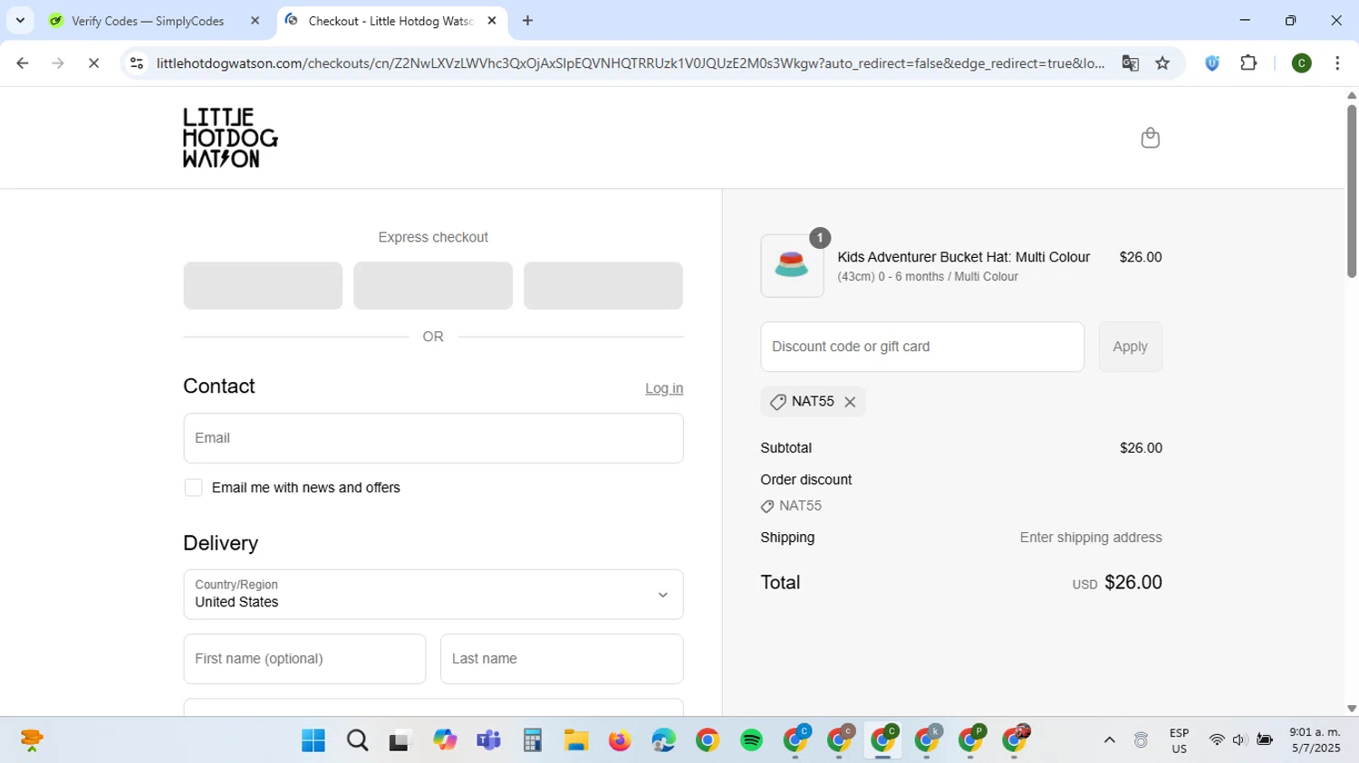 Little Hotdog Watson discount code screenshot showing code nat55 applied at Little Hotdog Watson checkout page. Uploaded by SimplyCodes community member VoucherBoss6971 on Jul 5, 2025