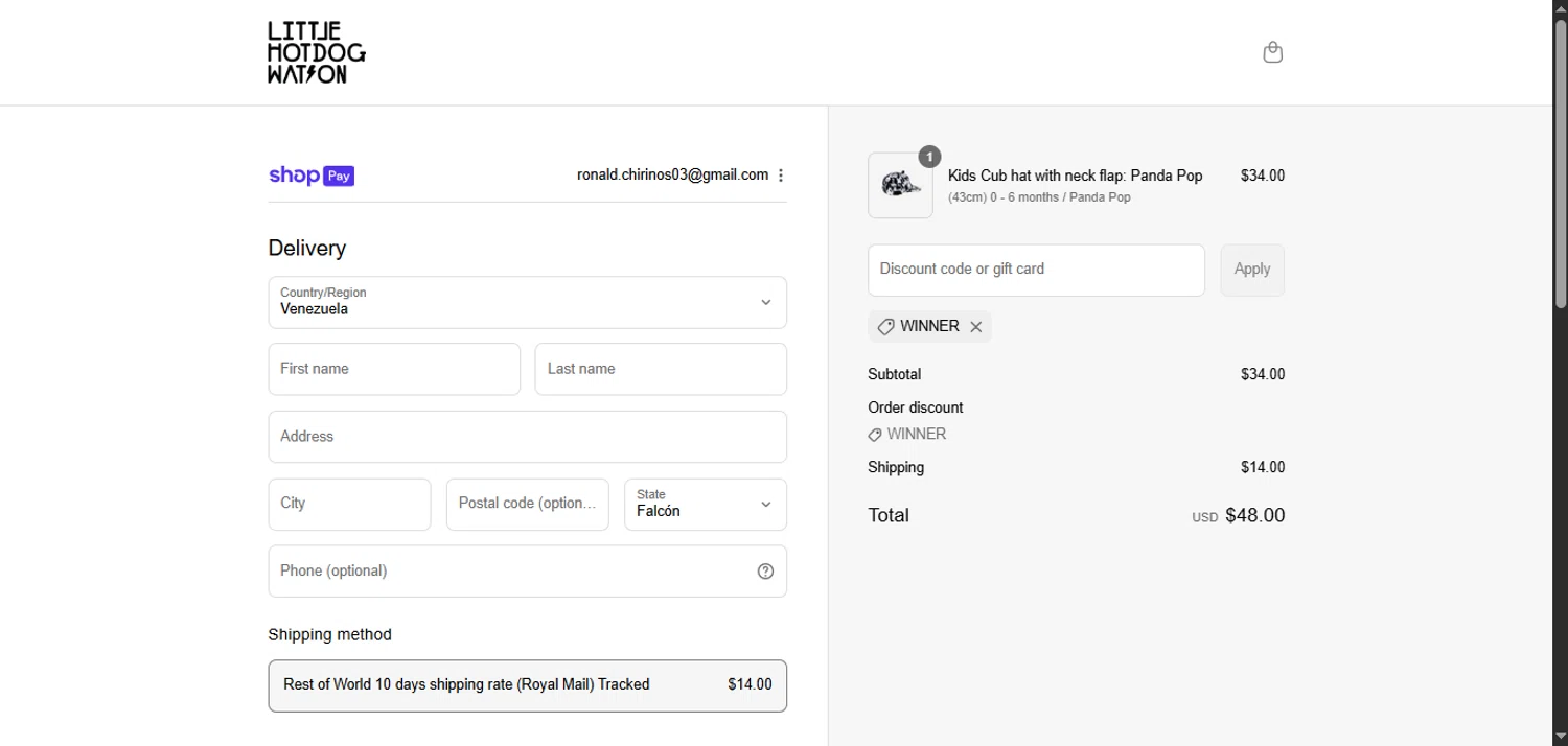 Little Hotdog Watson discount code screenshot showing code WINNER applied at Little Hotdog Watson checkout page. Uploaded by SimplyCodes community member FortunateElite5130 on Aug 16, 2025