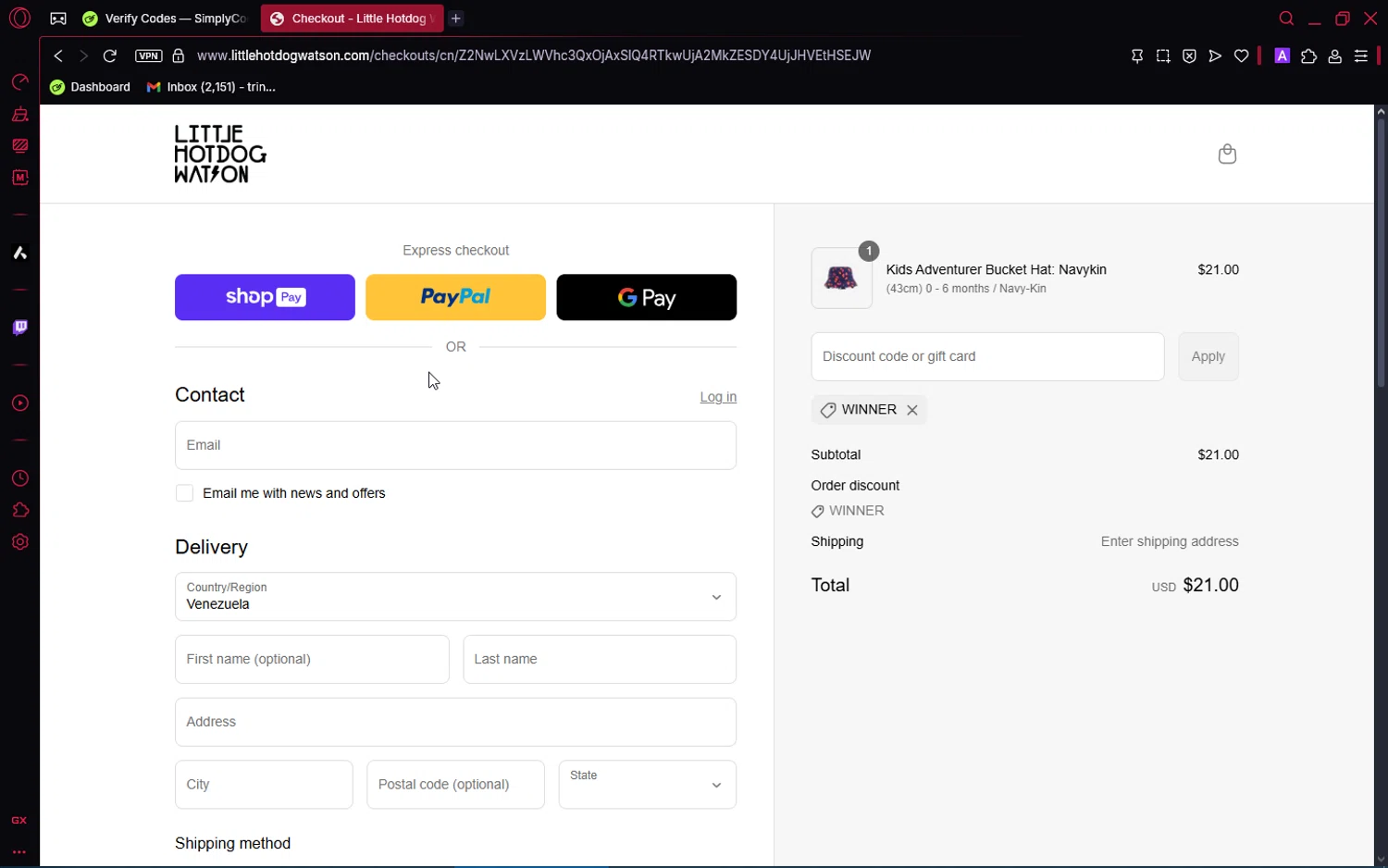 Little Hotdog Watson discount code screenshot showing code WINNER applied at Little Hotdog Watson checkout page. Uploaded by SimplyCodes community member SaleRanger1759 on May 2, 2025