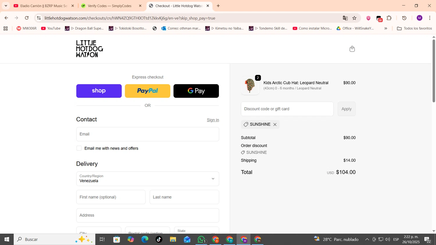 Little Hotdog Watson discount code screenshot showing code sunshine applied at Little Hotdog Watson checkout page. Uploaded by SimplyCodes community member cod_gakpo on Oct 26, 2025