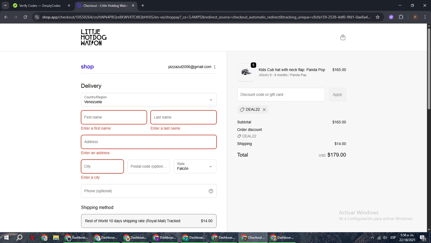 Little Hotdog Watson discount code screenshot showing code deal22 applied at Little Hotdog Watson checkout page. Uploaded by SimplyCodes community member ExtraordinaryHunter3076 on Oct 22, 2025