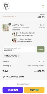 MEALPREP15 coupon verification screenshot