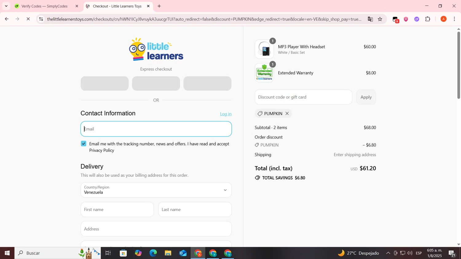 Little Learners coupon code screenshot showing code PUMPKIN applied at Little Learners checkout page. Uploaded by SimplyCodes community member FrugalSentinel6206 on Aug 1, 2025