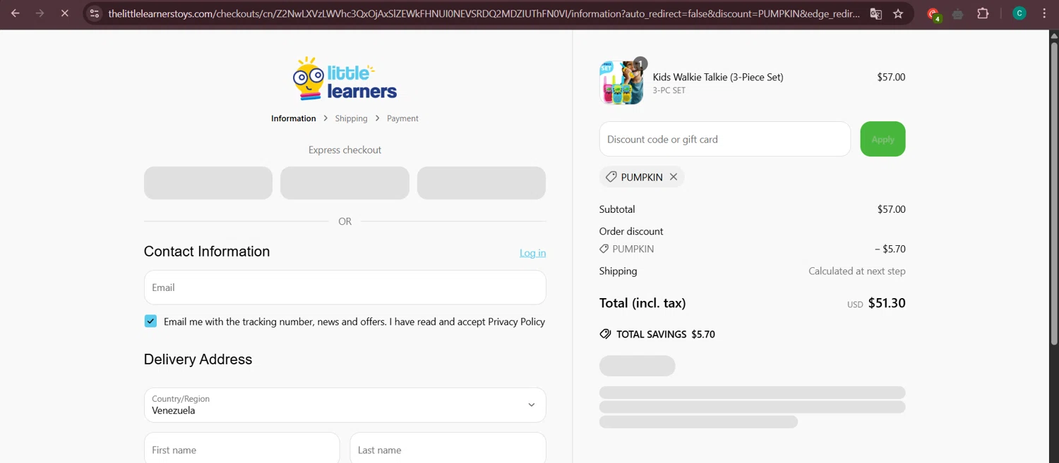 Little Learners coupon code screenshot showing code PUMPKIN applied at Little Learners checkout page. Uploaded by SimplyCodes community member Negritoo on May 17, 2025