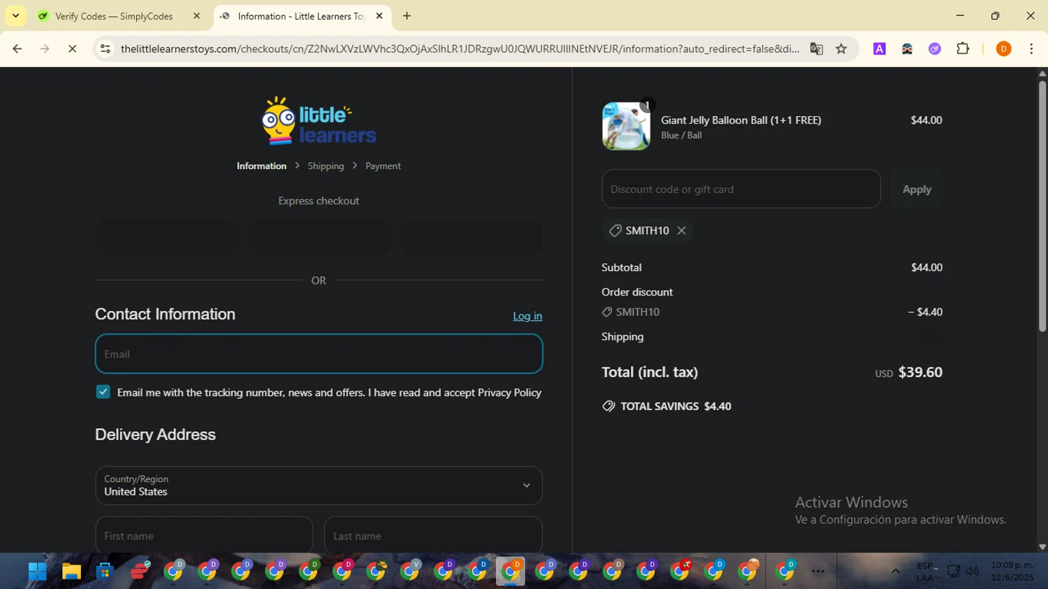 Little Learners coupon code screenshot showing code SMITH10 applied at Little Learners checkout page. Uploaded by SimplyCodes community member SavingsMaverick3203 on Jun 13, 2025