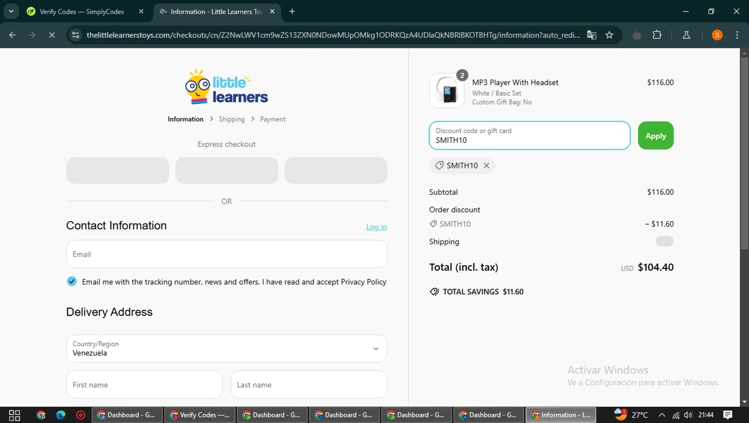 Little Learners coupon code screenshot showing code SMITH10 applied at Little Learners checkout page. Uploaded by SimplyCodes community member QuestCaptain8930 on Feb 27, 2025