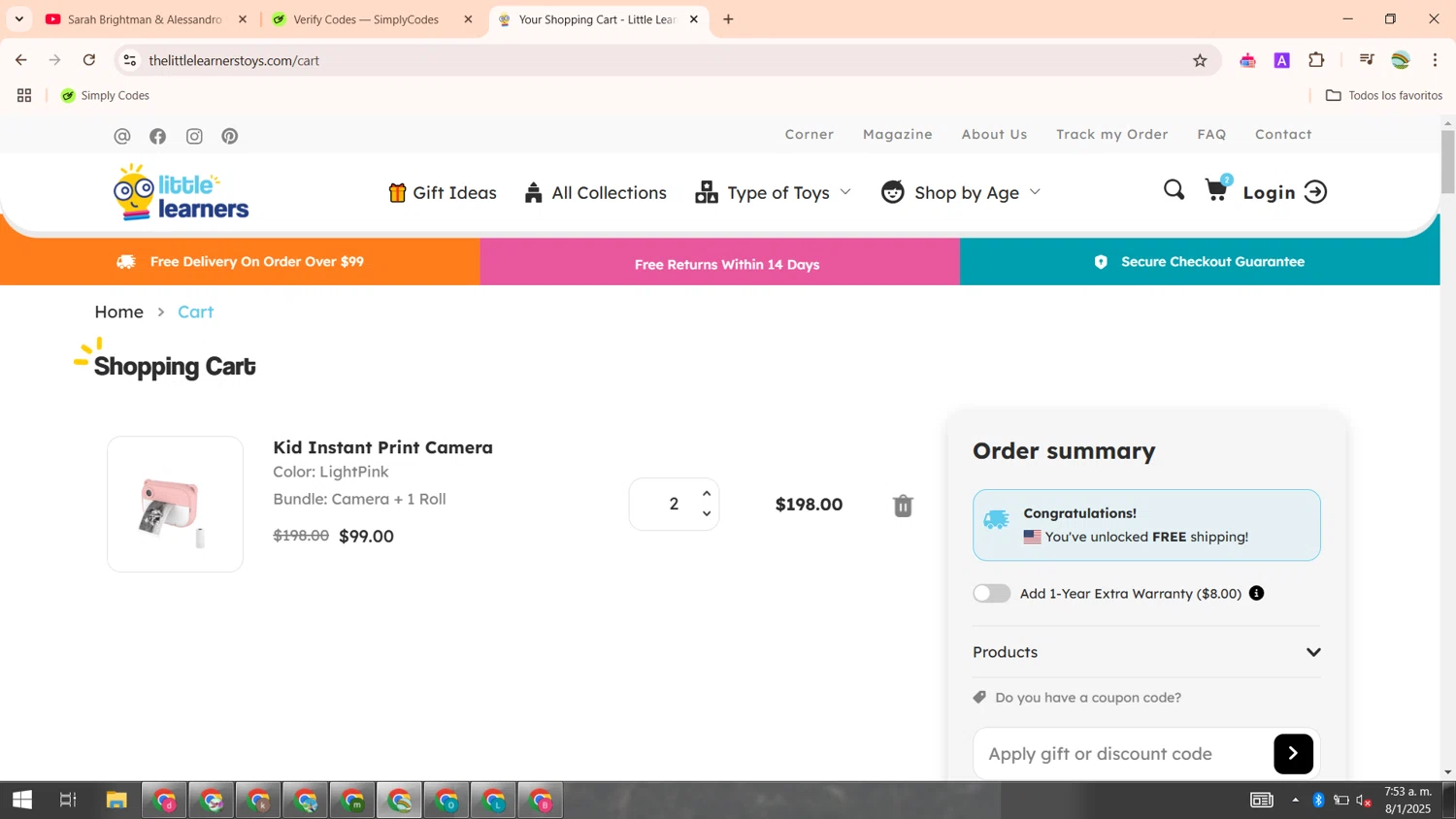 Little Learners coupon code screenshot showing code NLBAL5 applied at Little Learners checkout page. Uploaded by SimplyCodes community member CoinMaven5220 on Jan 8, 2025