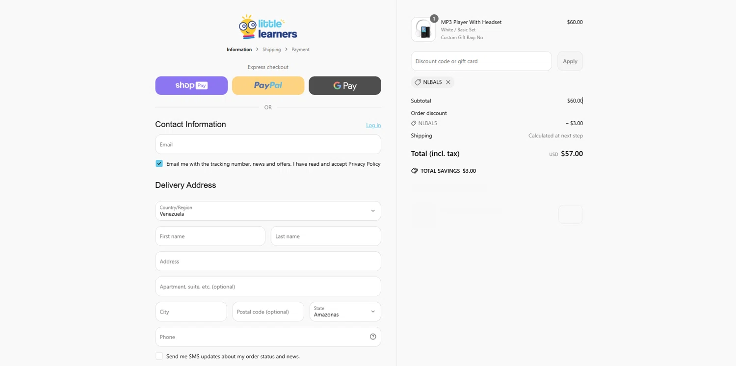 Little Learners coupon code screenshot showing code NLBAL5 applied at Little Learners checkout page. Uploaded by SimplyCodes community member holasfosi on Jun 16, 2025