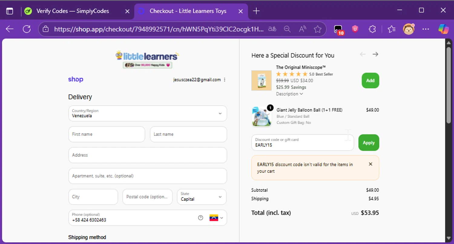 Little Learners coupon code screenshot showing code EARLY15 applied at Little Learners checkout page. Uploaded by SimplyCodes community member Raibelys_18 on Nov 18, 2025