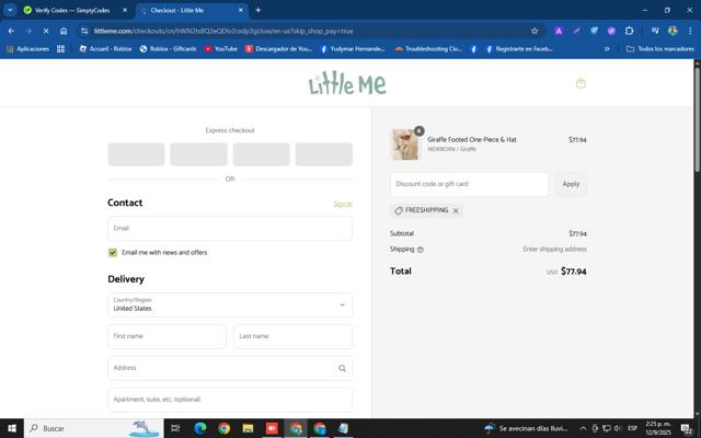 Little Me checkout page showing Little Me promo code box | Screenshot taken by SimplyCodes community member on Sep 12, 2025