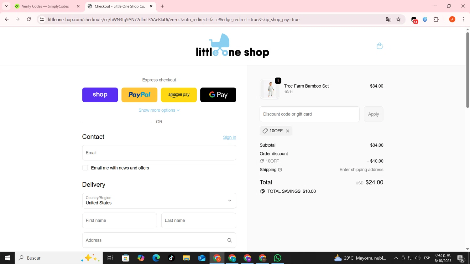 Little One Shop discount code screenshot showing code 10OFF applied at Little One Shop checkout page. Uploaded by SimplyCodes community member FrugalSentinel6206 on Oct 9, 2025