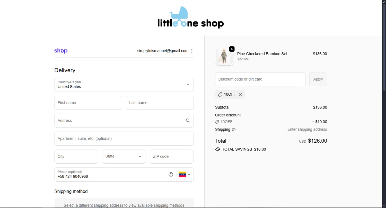 Little One Shop discount code screenshot showing code 10OFF applied at Little One Shop checkout page. Uploaded by SimplyCodes community member MoneyScout2554 on Oct 29, 2025