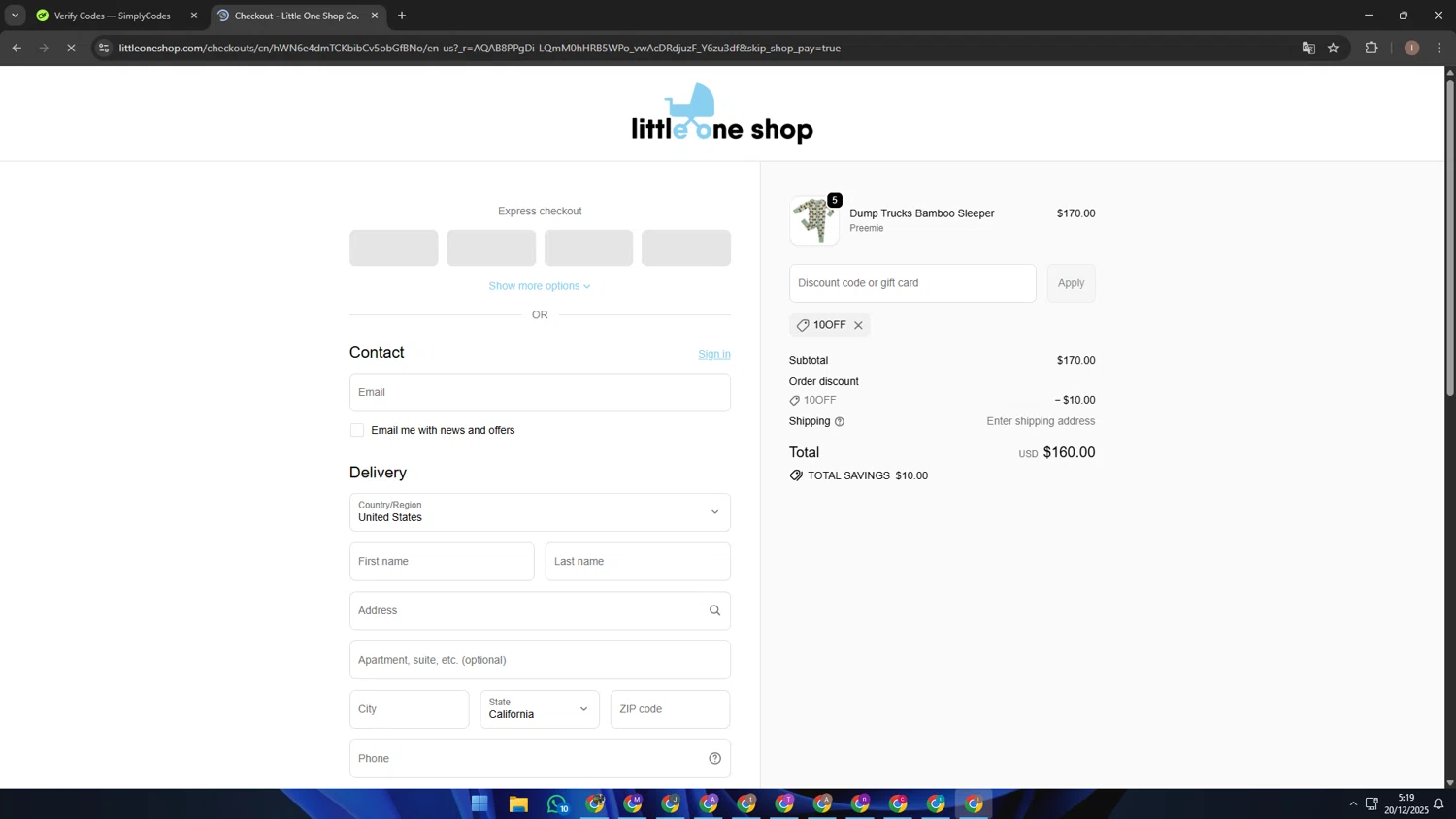 Little One Shop discount code screenshot showing code 10OFF applied at Little One Shop checkout page. Uploaded by SimplyCodes community member pequenokalvin5 on Dec 20, 2025